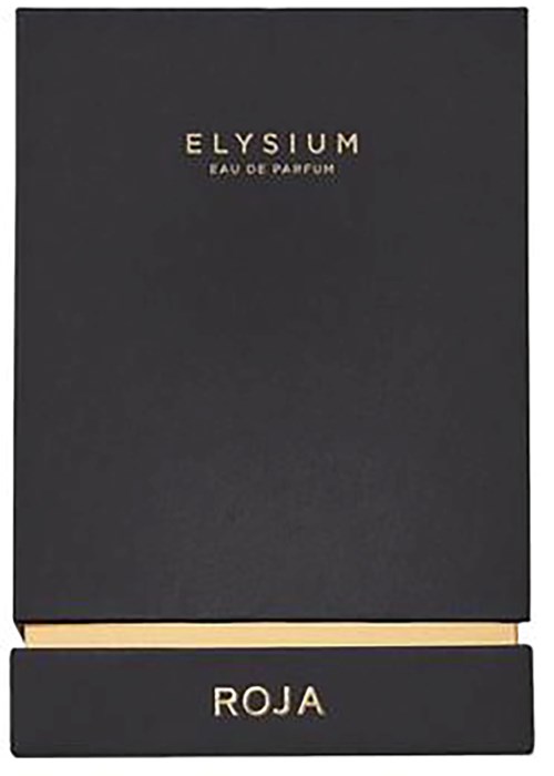 A black box with gold lettering displays 'ELYSIUM EAU DE PARFUM'. A matching black label with gold 'ROJA' text is below.