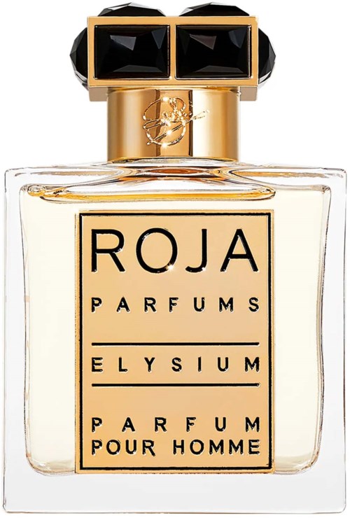 Ein Parfümflasche mit dem Etikett 'Roja Parfums Elysium Pour Homme', goldfarbenem Deckel und klarem Glas.