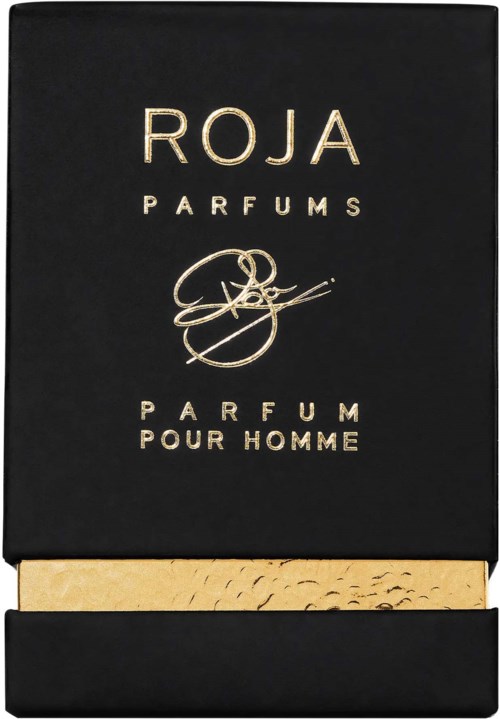 Eine schwarze Schachtel mit goldener Aufschrift für Roja Parfums, enthält französischen Text über Männerparfüm.