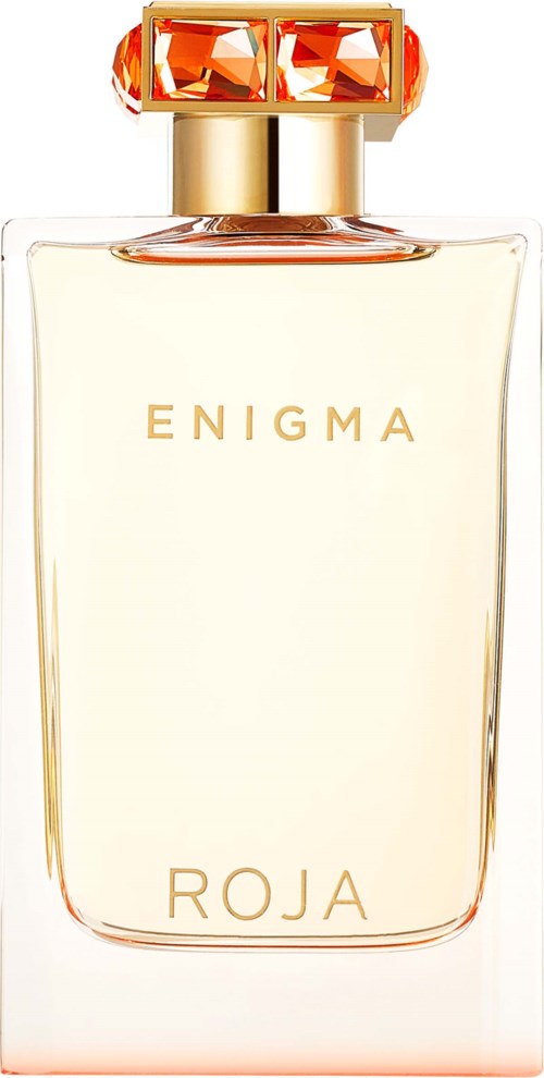 Ein Parfümflasche namens 'Enigma Roja' mit goldener Kappe und orangefarbenen Edelsteinen, klares Glas zeigt die Flüssigkeit.