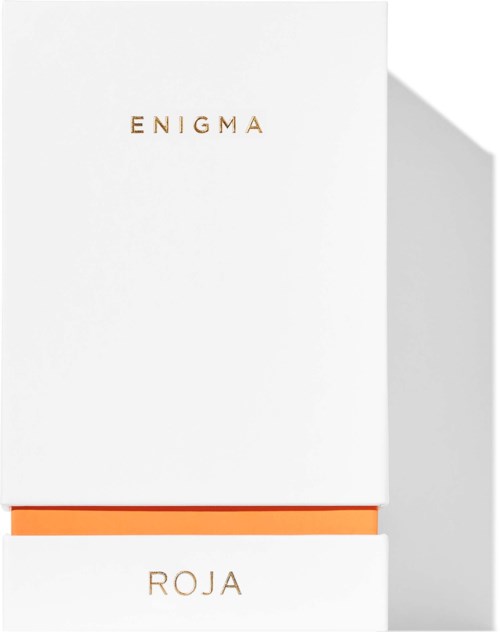Eine weiße Box mit dem Wort ENIGMA oben und einer kleineren Box darunter mit der Aufschrift ROJA. Die Box hat einen orangefarbenen Streifen.