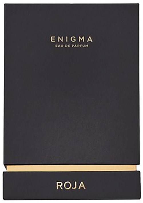 Musta rasia, jossa kullalla teksti "ENIGMA EAUV DE PARFUM" ja alaosassa etiketti "ROJA".