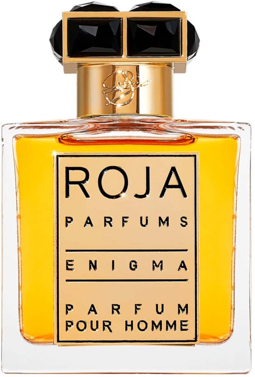 Ein Parfümflasche mit goldener Kappe und Etikett, gefüllt mit orange Parfüm, beschriftet 'ROJA PARFUMS ENIGMA PARFUM POUR HOMME.'