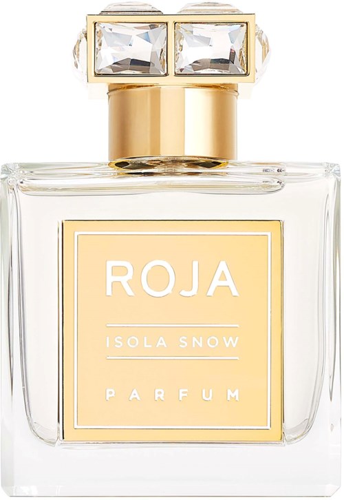 A clear glass perfume bottle with a gold cap and a pastel yellow label reading 'ROJA ISOLA SNOW PARFUM.'