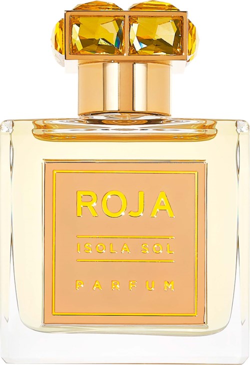 A perfume bottle with a gold and yellow cap and a clear label reading 'ROJA ISOLA SOL PARFUM.'