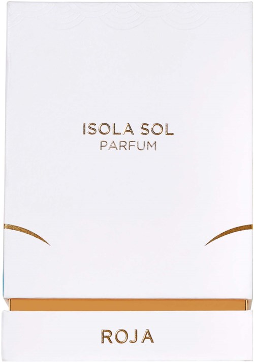 A white box displays gold text: 'Isola Sol Parfum' and 'Roja', with decorative gold curves at the sides.