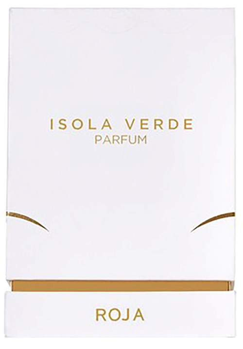 Białe pudełko z złotym tekstem 'Isola Verde Parfum' i 'Roja'.