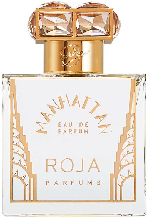 Ein Parfümflasche mit Gold und klarem Glas, mit der Bezeichnung Manhattan Roja Parfums, mit einem dekorativen Design und einem großen Edelsteinartigem Deckel.