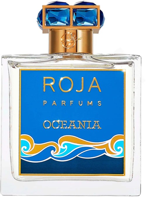 Ein Parfümflasche mit blauer Etikett, goldenen Akzenten und Wellenmuster, namens Roja Parfums Oceania.