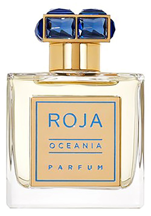 A perfume bottle with a gold cap and blue decorations, labeled 'Roja Oceania Parfum.'