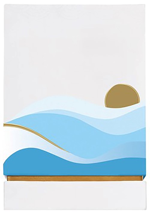 Decorative wall art with blue, white, and gold waves and a semi-circle in the top right corner.