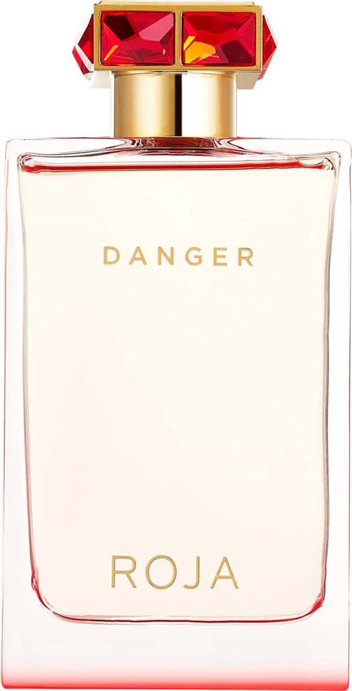 A perfume bottle with a gold cap and red gems, labeled 'DANGER ROJA' in gold letters.