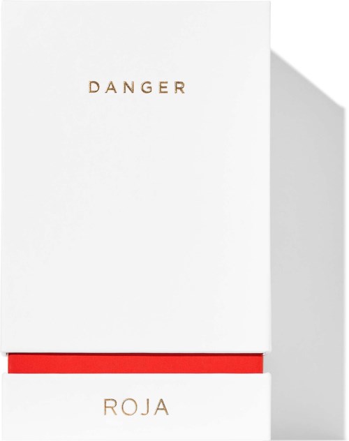 A white box with the words "DANGER" and "ROJA" in gold, and a red strip between them.