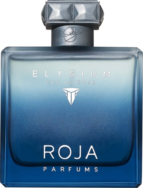 A blue perfume bottle with a silver cap, labeled 'Elysium Eau Intense' and 'Roja Parfums.'