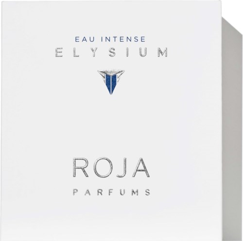 Simple white box with blue and silver text, showing brand and perfume name, EAU INTENSE ELYSIUM ROJA PARFUMS.