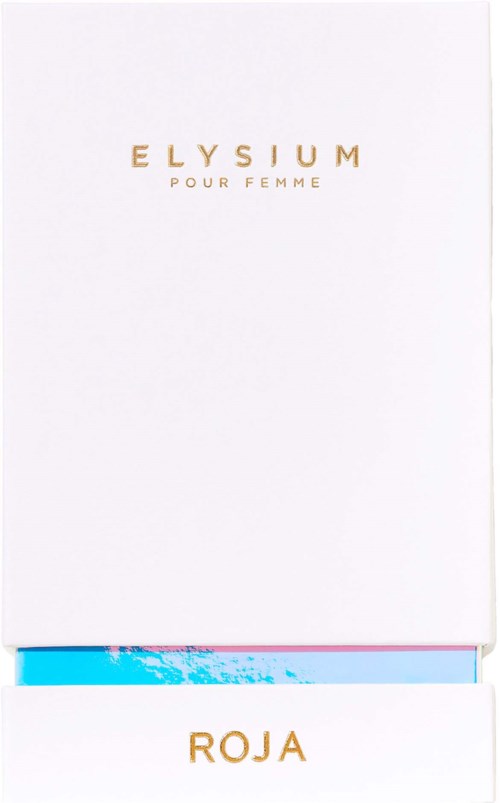 Tyylikäs valkoinen laatikko, jossa on kultainen teksti "ELY-SIUM POUR FEMME" ja "ROJA".