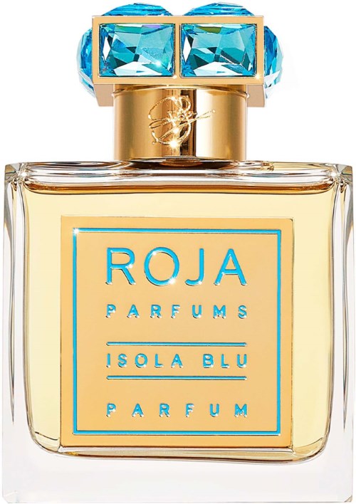 A perfume bottle with a gold cap encrusted with blue gemstones, labeled 'Roja Parfums Isola Blu,' contains light yellow perfume.