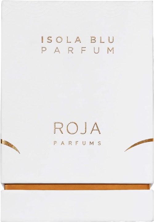 A white box with gold text, showing perfume name and brand, simple elegant design, with a small orange line.