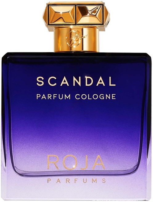 A perfume bottle with a dark purple to light purple gradient, gold cap, and gold text reading 'Scandal Parfum Cologne'.