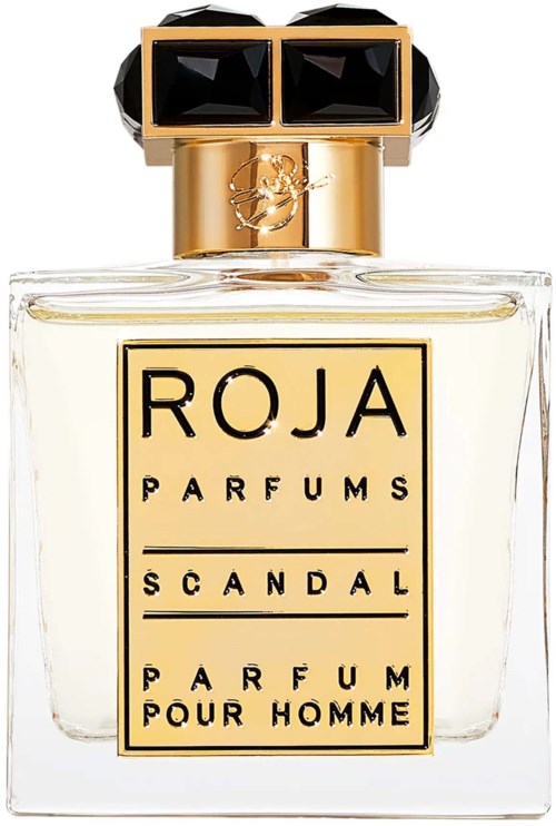 Eine klare Parfümflasche mit Gold- und Schwarzausführungen, beschriftet 'ROJA PARFUMS SCANDAL POUR HOMME' für Männer.