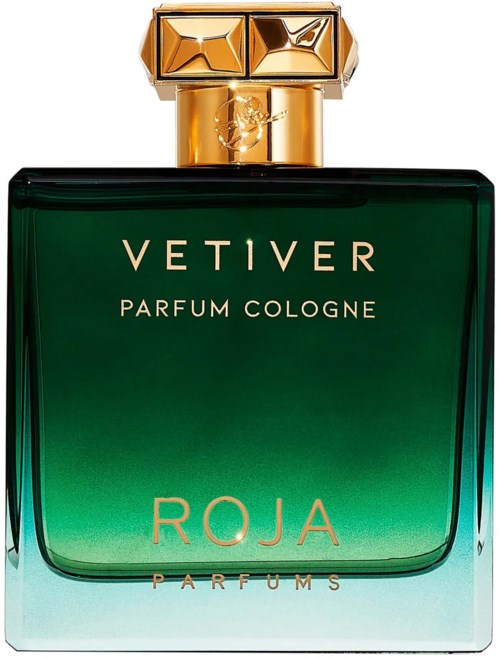 A green glass perfume bottle with a gold cap and gold lettering, labeled Vetiver Roja Parfums, on a white background.