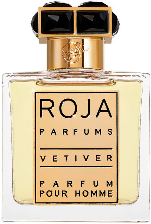 A perfume bottle with a black and gold cap, clear glass, and a label reading 'ROJA PARFUMS VETIVER POUR HOMME.'