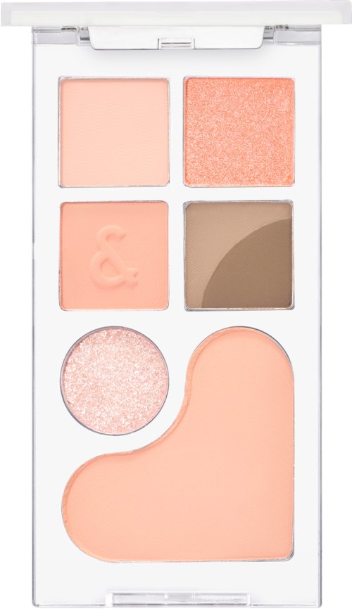 A makeup palette with six sections of powder in peach, pink, and brown shades for face and eye makeup.