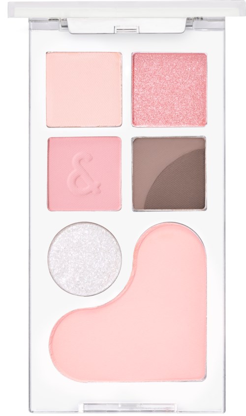 En smink-palett med rosa, glitter, bruna skuggor, ett hjärtförlängt område och en rund skimrande ögonskugga.