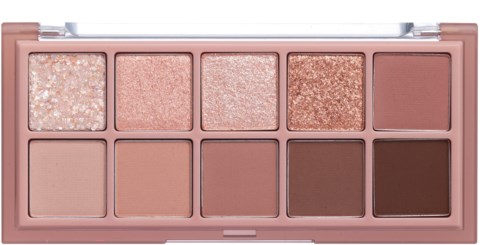 Eine rosa Lidschattenpalette mit zehn verschiedenen Tönen, inklusive Glitzer und Matte.