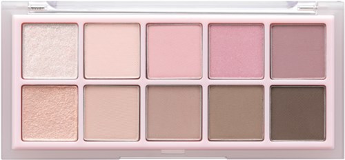 A makeup palette with ten different eyeshadow shades in pink, beige, and brown tones.