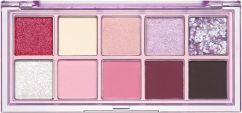 An eyeshadow palette with ten colors, including pink, purple, red, black, and glitter shades.