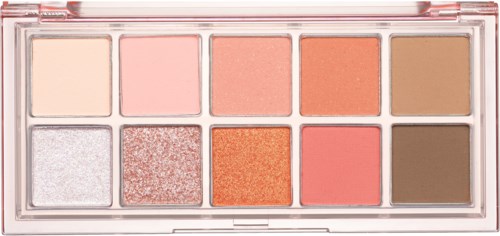Eine Palette mit 10 verschiedenen Lidschatten in verschiedenen Farben, darunter Pink, Orange, Braun und Glitter.