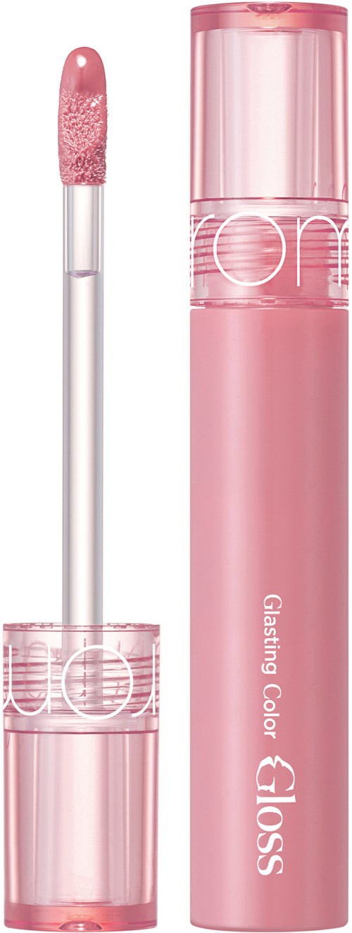 Een roze lipglosshuls met doorzichtige dop en applicatorstaaf die roze glans toont.