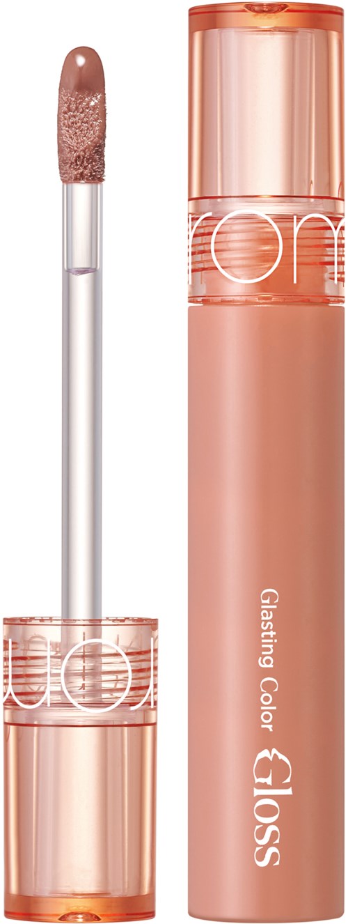 Lip gloss tube with a doe-foot applicator, pinkish color, and labels reading "Glaming Color Gloss".