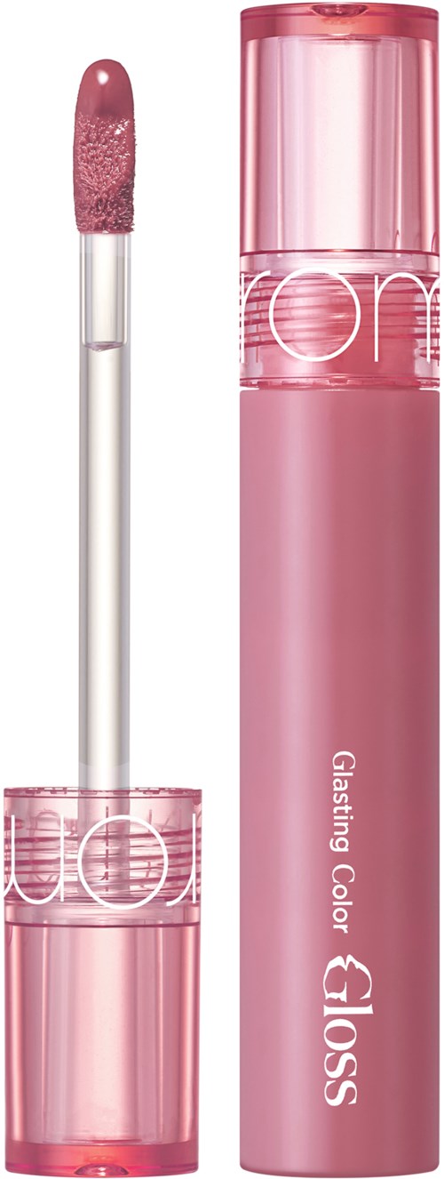 Lip gloss tube with pink liquid and applicator. The tube is pink with white text reading 'Glistening Color Gloss' and a transparent cap.