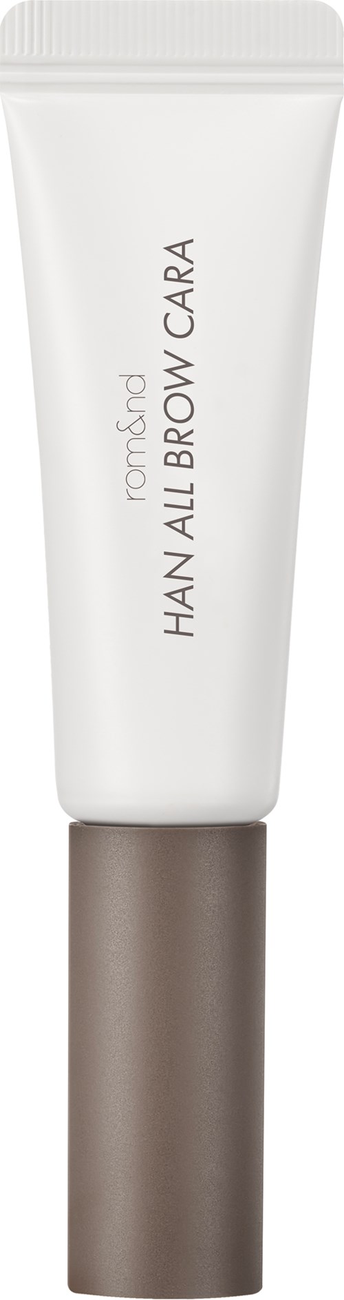 Eine weiße Tube mit brauner Kappe, beschriftet mit 'HANA ALL BROW CARE' und 'noms'.