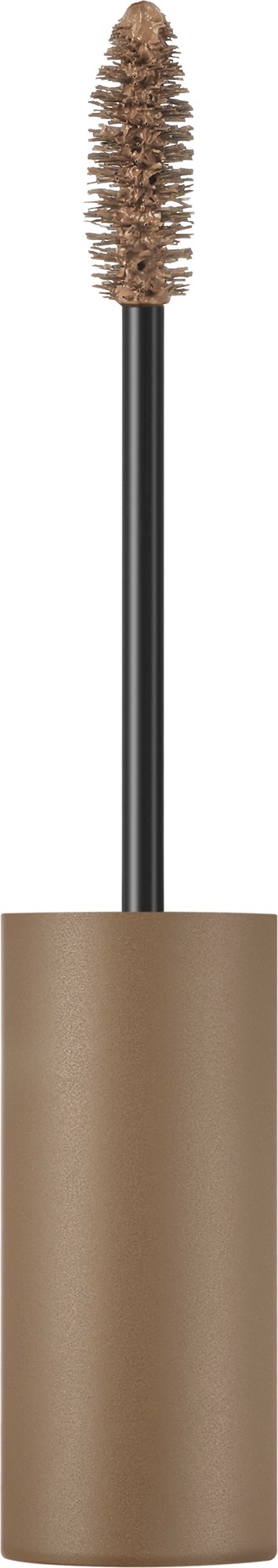 Mascara-Bürste mit braunem Pinsel und schwarzem Griff, mit beigeem Behälter am unteren Ende.