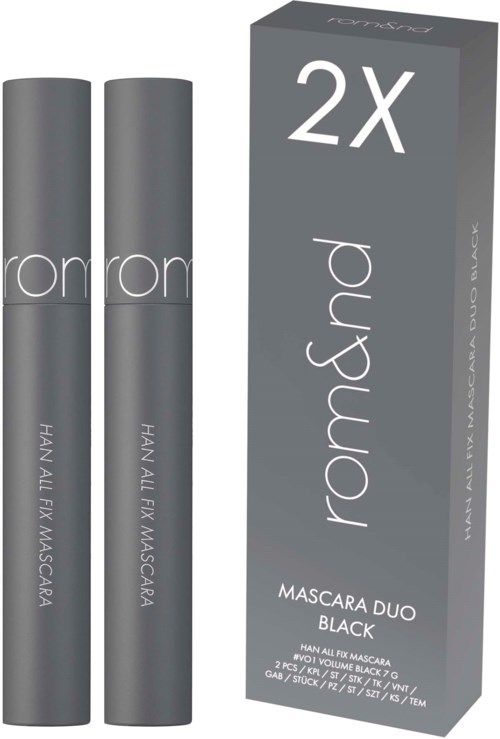 Zwei schwarze Mascara-Röhrchen und eine Box mit "2X" und "Mascara Duo Black" sind sichtbar. Es sind Wimpernprodukte.