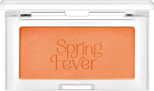 A blush container labeled "Spring Fever" with peach-colored blush inside.