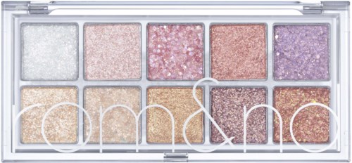 Een make-up palette met tien oogschaduwkleur in zilver, roze, paars, beige, bruin en goud.