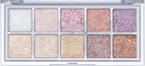 Een palette met tien kleurrijke, glinsterende oogschaduwen in lichte tot donkere tinten, gerangschikt in twee rijen in een doorzichtige kist.