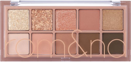 Eine Make-up-Palette mit zehn Farbtönen, einschließlich Glitter, Matt- und Schimmerfarben in neutralen Tönen.