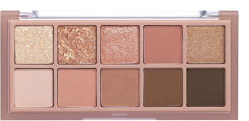 Eine Make-up-Palette mit zehn verschiedenen Lidschattenfarben in Beige, Braun, Rosa, Gold und Glitzer.