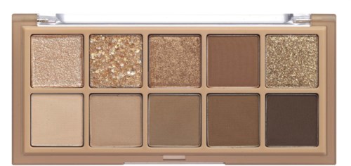 A beige eyeshadow palette with ten different shades, including shimmery, matte, and dark colors.