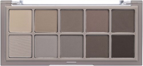 A neutral eyeshadow palette with ten shades from light cream to dark brown. The palette has a transparent lid.