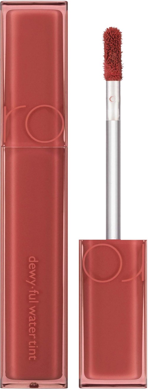 Lippenbalsem in een tube met applicator, roze kleur en doorzichtige dop. Het zegt "dewy fluid water tint."