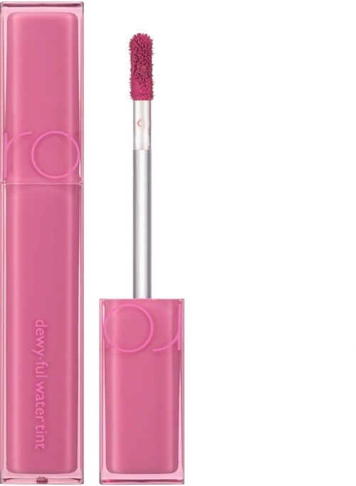 Ein pinker Lipgloss-Behälter mit Applikator, beschriftet "dewy_li water tint."