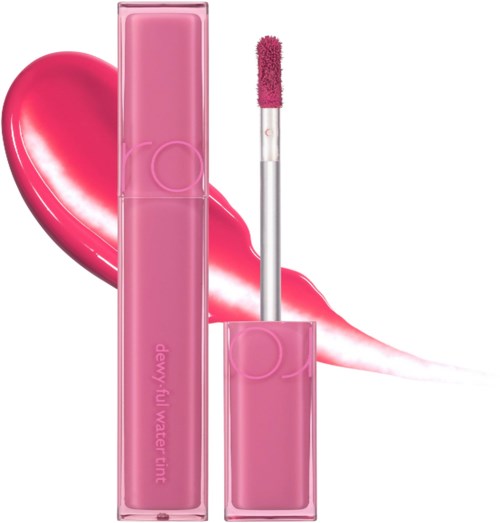 Rosa Lipgloss in durchsichtigem Behälter, mit einem rosa Applikatorstab und einem lippenförmigen Design im Hintergrund.