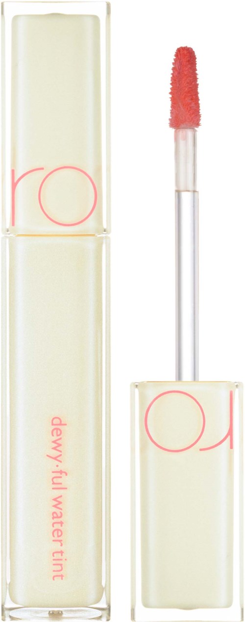 Lippenstiftverpackung mit klarem Flüssigkeitsinhalt, beschriftet 'Dewy Full Water Tint,' und mit einem kleinen Applikator bedeckt in pink.