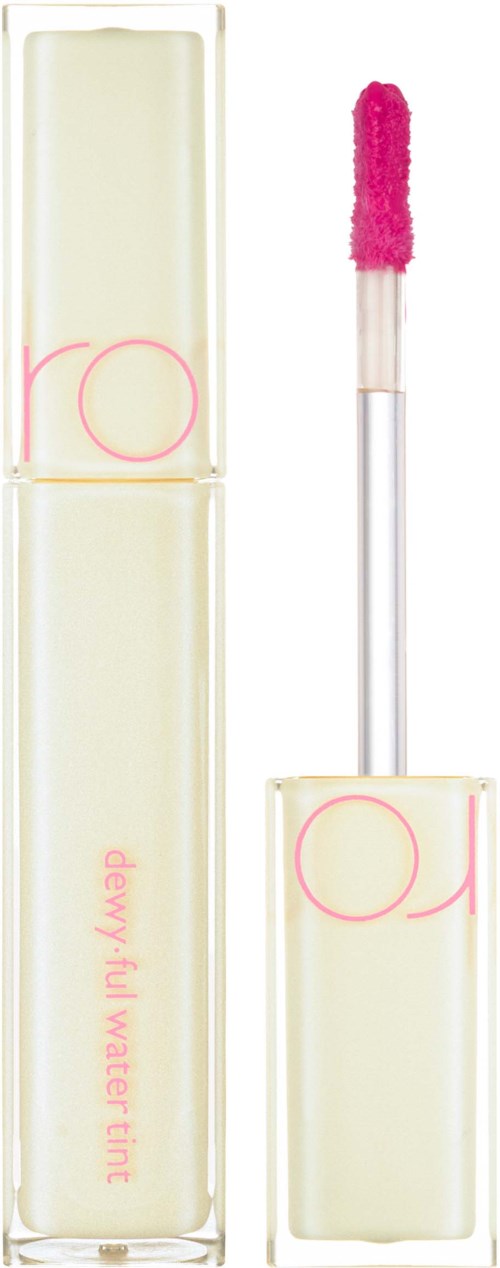 Een lipglossfles met roze applicator, gemarkeerd 'Merry full water tint'.